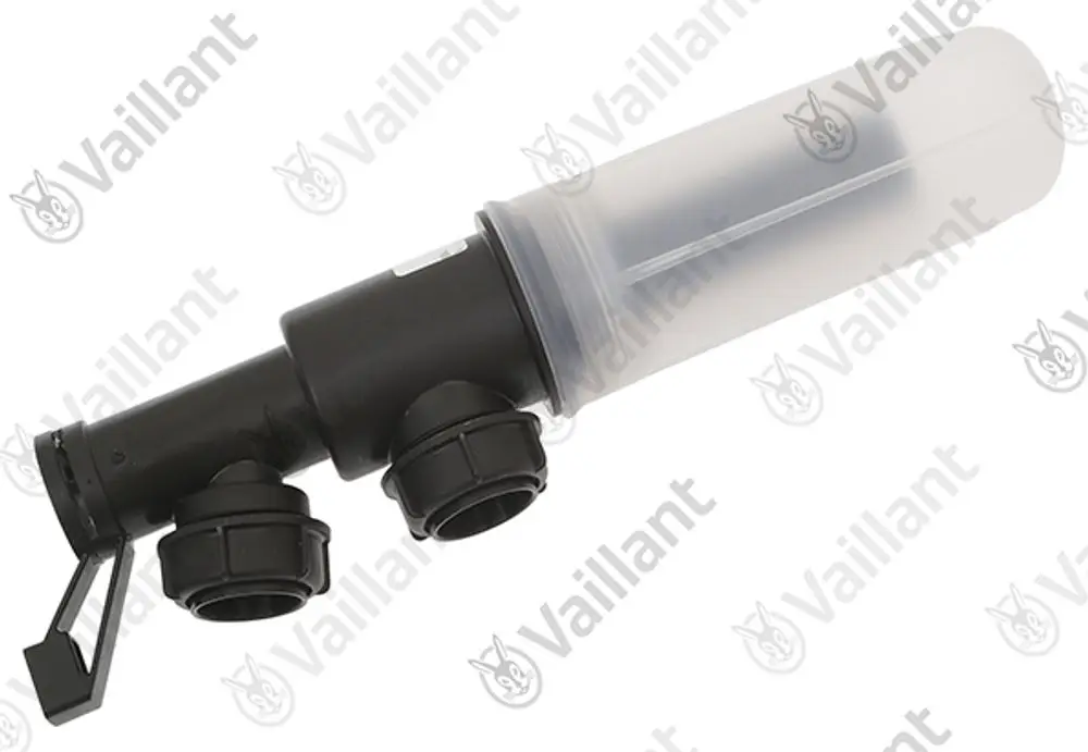 Vaillant Siphon mit transparentem Behälter und zwei Anschlussöffnungen, zur Verwendung in Heizungs- oder Wassersystemen.